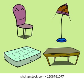 Image of several cartoon objects. Among them are a chair, a lamp, a mattress and a table.