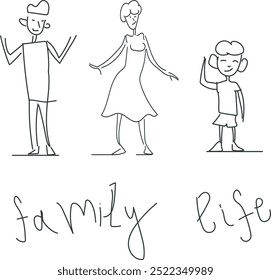 An image of several cartoon people. Among them there is a man or a guy, a girl and a child or a lad. It is also an imitation of a family with words below.