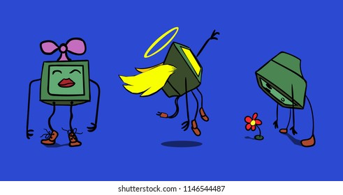 Image of several characters in the form of the TV with his hands and legs. One of them has wings and a halo.