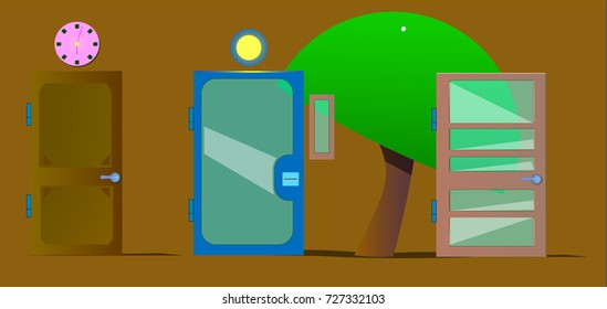 Image of several different objects. Among them there is a tree, doors and clocks.