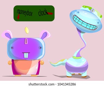 Image of several objects. Among them there are the words "money box" and "clock", arrows, characters and a coin.