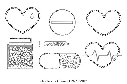 Image of several objects. Among them there is a heart, a pill, a capsule, a syringe and a jar.