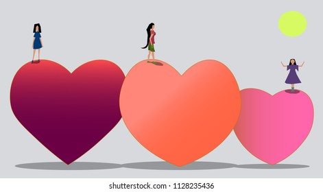 Image of several objects. Among them there are hearts and women of small size.