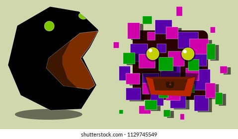 Image of several objects. Among them there are characters with open mouths and colorful rectangles.