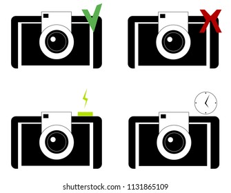 Image of several objects. Among them there is a camera, a cross, a tick and a watch.