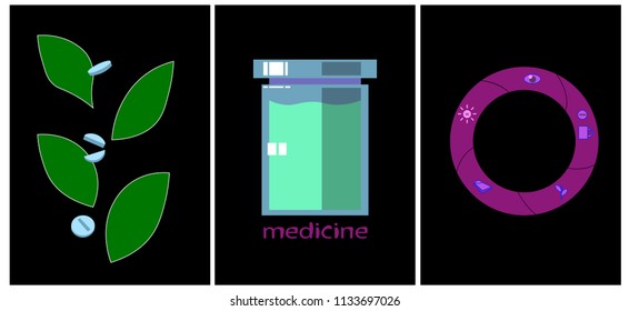 Image of several objects. Among them there are plant leaves, tablets, a jar with the word "medicine" and a circle with badges.