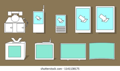 Image of several objects. Among them there is electronic equipment in the form of telephones and televisions.