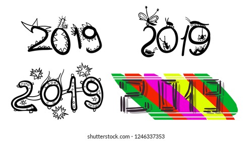 Image of several objects. Among them are the number "2019", colorful stripes, insect figures, needles and asterisks.
