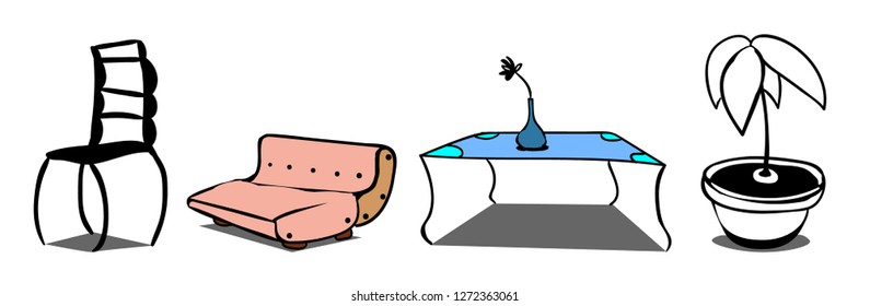 Image of several objects. Among them are household furniture, a plant pot and a vase with a flower.