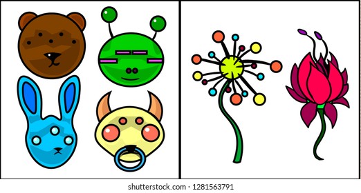 Image of several objects. Among them are the faces of animals and flowers.