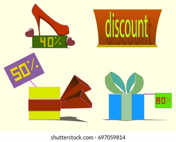 Image of several objects. Among them there are shoes, standing on the platform, gift boxes with ribbons and a sign "discounts". Also items have signs with percentages.