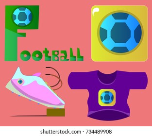Image of several objects. Among them there is the word "football", a ball, a sneaker, a clothes.