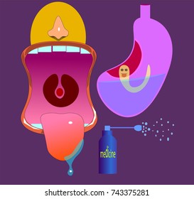 Image of several objects. Among them there is an oral cavity, a throat, teeth, tongue with saliva, a stomach, a worm and a medicine bottle, splashing with small drops.