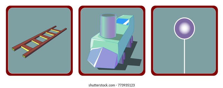 Image of several objects. Among them there is a train, a ball and a ladder.