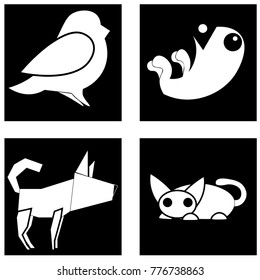 Image of several objects. Among them there is a bird and other animals.