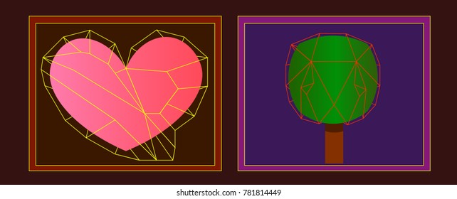 Image of several objects. Among them there is a heart, a tree and a grid, consisting of bright lines.