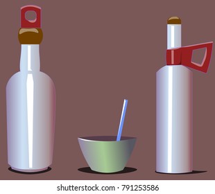 Image of several objects. Among them there are two bottles and a cup.