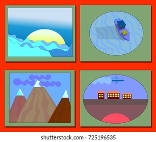 Image of several objects in a green framework. Among them there is a sun behind the clouds, a sea ship on the water, mountains and a section of land with houses and airplanes.