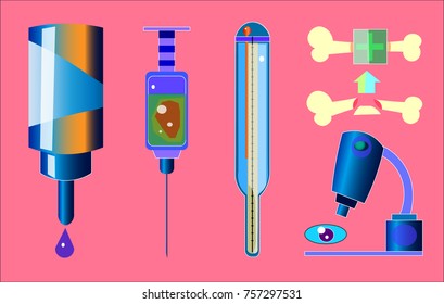 Image of several objects including a glass syringe, a container with a drop, a thermometer, a microscope with an eye and bones.