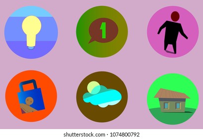Image of several objects inside circles. Among them there is a light bulb, a dialog box, a figure, one, a man, and a castle.