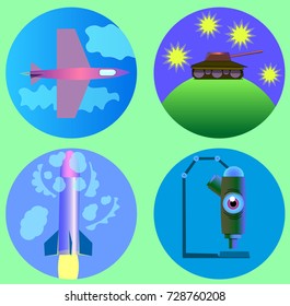 Image of several objects inside circles. Among them there is an airplane, clouds, a tank, stars, a rocket, a microscope and an eye.