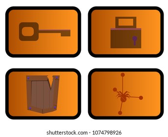 The image of several objects inside the framework. Among them there is a key, a lock, a spider, points connected by lines and a wooden shield. 