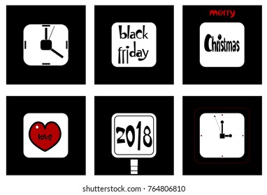 An image of several objects and words inside black squares.