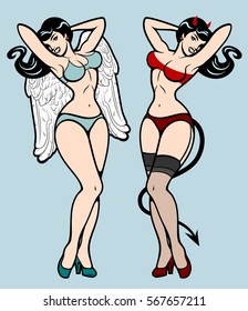 Image of sexy girls in the image of an angel and a demon. The traditional style of Old school tattoo pin-up