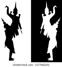 An image shadow of Tos Sa Kan (king of the giant) and Pharam (king) dancing and lifting in a theater show.   Art culture Thailand Dancing in masked khon.