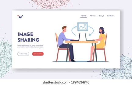 Image Sharing Landing Page Template. Characters Sitting at Computer Chat and Share Photo Online. Pictures and Life Moments Exchange in Internet, Modern Technologies. Cartoon People Vector Illustration