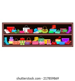 Image of a shelf with bags and shoes. vector illustration