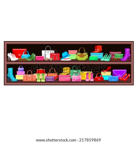 Image of a shelf with bags and shoes. vector illustration