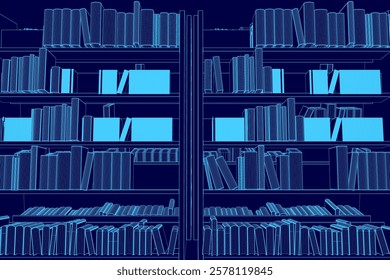 The image is of shelves filled with books, with the shelves being blue. The books are arranged in a way that they are stacked on top of each other, with some books being on the left shelf