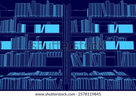 The image is of shelves filled with books, with the shelves being blue. The books are arranged in a way that they are stacked on top of each other, with some books being on the left shelf