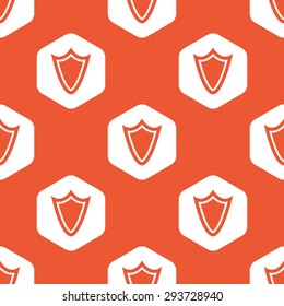 Image of shield in white hexagon, repeated on orange background