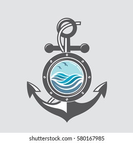 Image of ship anchor and porthole with sea waves. Vector illustration