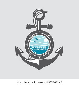 Image of ship anchor and porthole with sea waves. Vector illustration