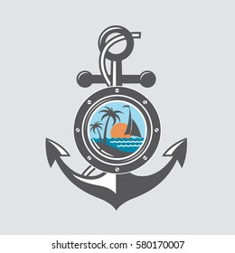 Image of ship anchor and porthole with sea waves. Vector illustration