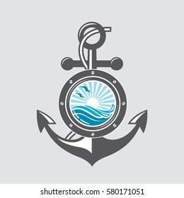 Image of ship anchor and porthole with sea waves. Vector illustration