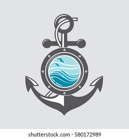 Image of ship anchor and porthole with sea waves. Vector illustration