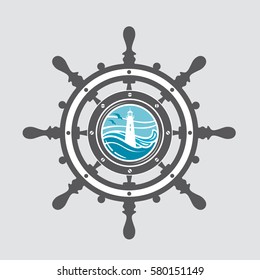 Image of ship helm and porthole with sea waves. Vector illustration