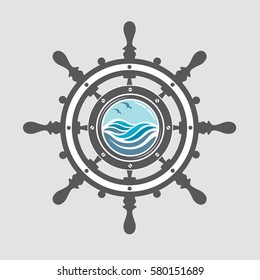 Image of ship helm and porthole with sea waves. Vector illustration