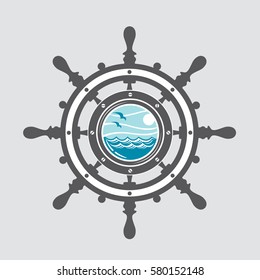 Image of ship helm and porthole with sea waves. Vector illustration