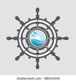 Image of ship helm and porthole with sea waves. Vector illustration