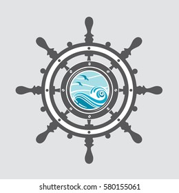 Image of ship helm and porthole with sea waves. Vector illustration