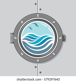 image of ship porthole with glass. Vector illustration