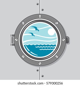 image of ship porthole with glass. Vector illustration