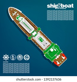 The image of the ship top view on the background of the sea surface.
