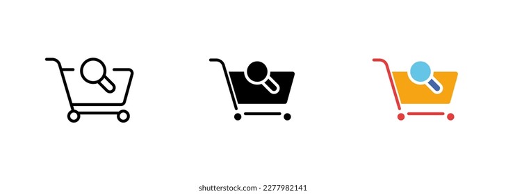 Imagen de un carrito de la compra con una lupa, que representa la capacidad de buscar y encontrar artículos específicos mientras se compra. Conjunto vectorial de iconos en línea, de color y negro aislados.