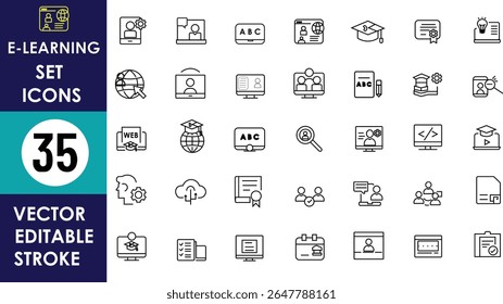 The image showcases 35 editable vector stroke icons representing e-learning tools, including teaching, online education, students, web learning, and digital collaboration
